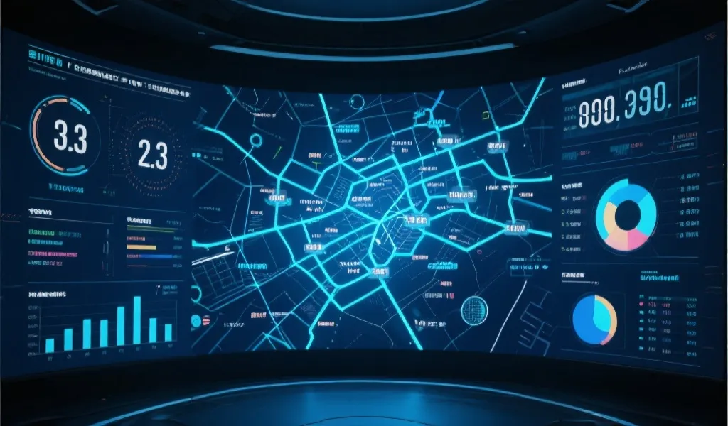 数据可视化大屏幕，数字和走势图交错闪耀，凸显科技感